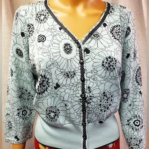 Womens Lg Teal Black Floral Cardigan Jeweled Button Silk blend Valerie Stevens